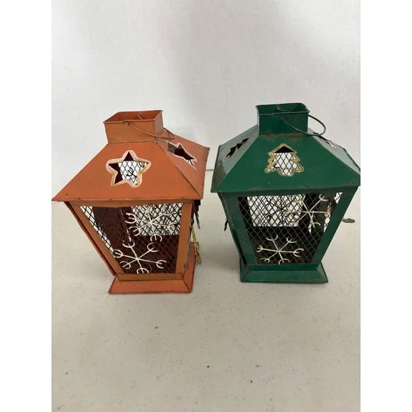 Set of 2 Vintage Christmas Metal Lanterns Santa Snowman Holiday Decor - Picture 3 of 7